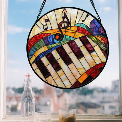 Stained Glass Window Hanging, Piano Notes Sun Catchers Glass Panel Suncatcher Decor for Birthday for Women, Men, Wife, Aunt, and Mom 14.9x14.9 in