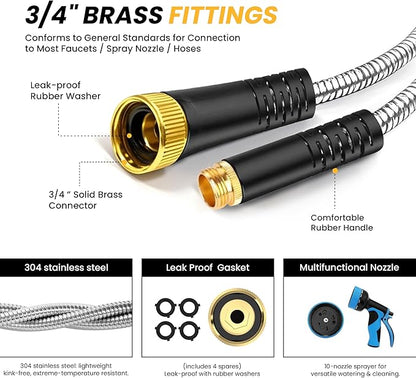 Lefree Garden Hose 75ft, Metal Garden Hose, Stainless Steel Hose with 10-Function Nozzle, Flexible Water Hose, Heavy Duty, Crush Resistant, Leak Proof, No Kinks Garden Hoses for Yard, Outdoors, Rv