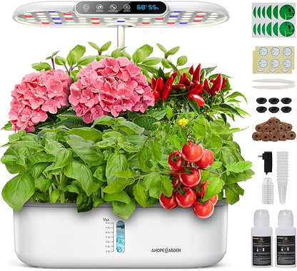 Ahopegarden Hydroponics Growing System kit: Indoor Herb Garden - 12 Pods Plant Germination Kit with LCD Display and LED Grow Light, Smart Temp & Humidity Detection, Planter Grower for Vegetables