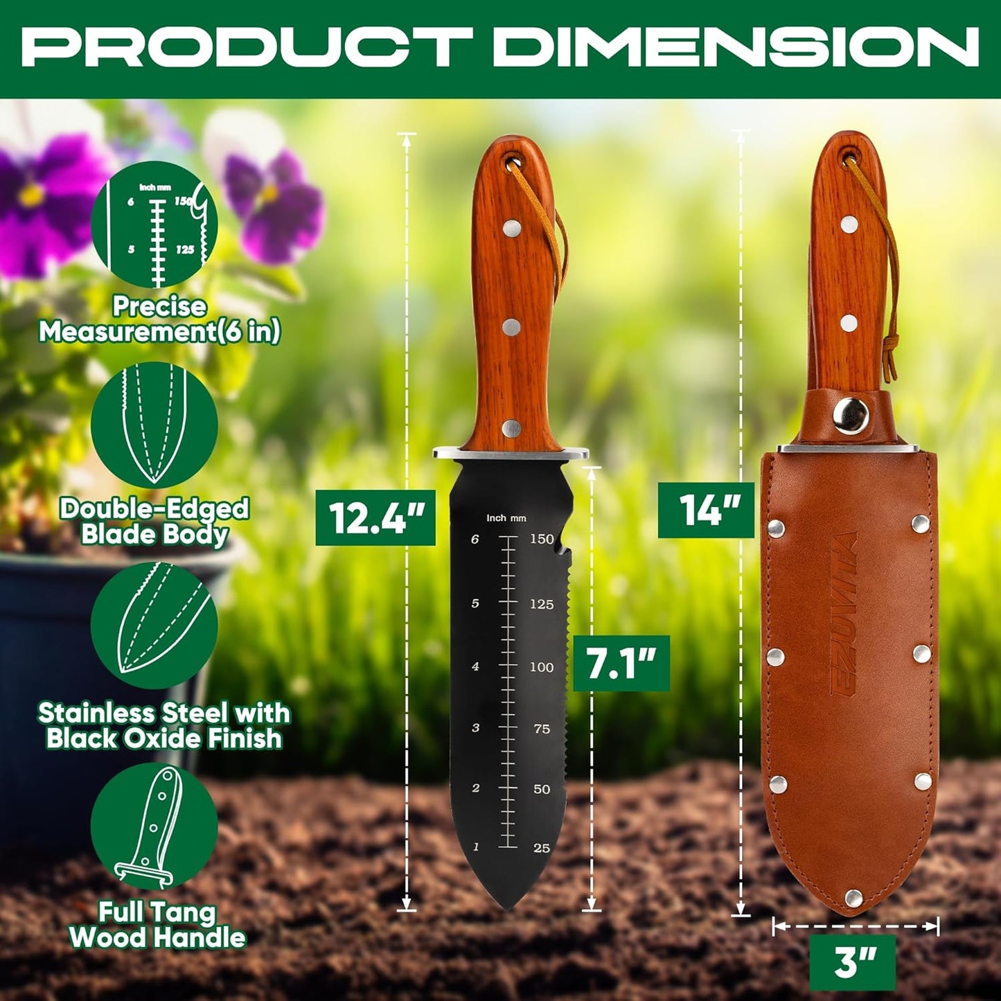 Hori Hori Garden Knife, Gardening Tools with Leather Sheath for Weeding, Gardening, Digging, 7” Stainless Steel Blade with Double Cutting Edge, Full Tang Wood Handle with Hanging Hole