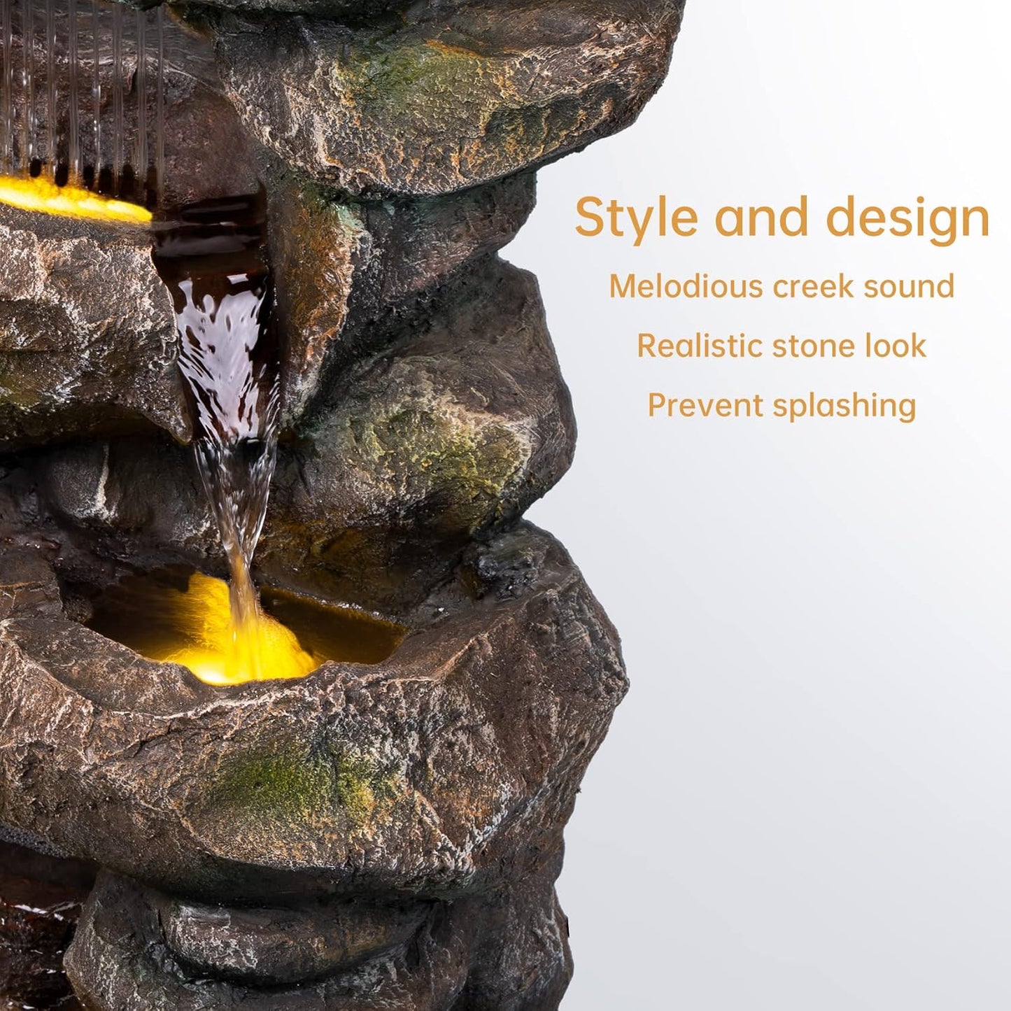 Ferrisland 31.5"H Outdoor Floor Waterfall Fountain, 5 Tier Rustic Rock Freestanding Water Fall Feature with Cascading Streams & LED Lights, Home Décor for Garden, Patio, Yard, Deck & Porch, Gift Ideas