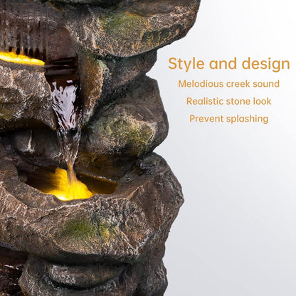 Ferrisland 31.5"H Outdoor Floor Waterfall Fountain, 5 Tier Rustic Rock Freestanding Water Fall Feature with Cascading Streams & LED Lights, Home Décor for Garden, Patio, Yard, Deck & Porch, Gift Ideas