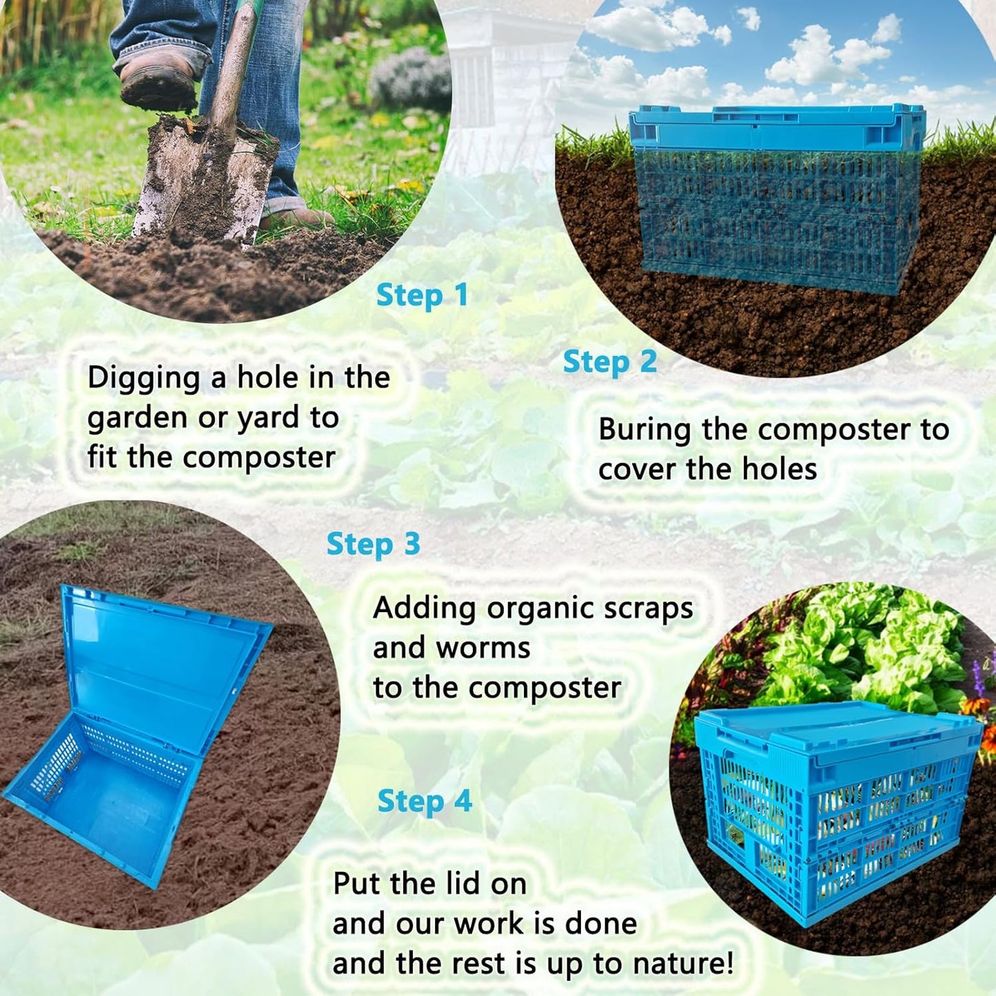 Inground Worm Compost Bin, 6 Gallon Outdoor Farm Foldable Compost Bin with Holes&Lids, Garden Composter for Raised Garden Beds Home Composting System