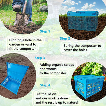 Inground Worm Compost Bin, 6 Gallon Outdoor Farm Foldable Compost Bin with Holes&Lids, Garden Composter for Raised Garden Beds Home Composting System