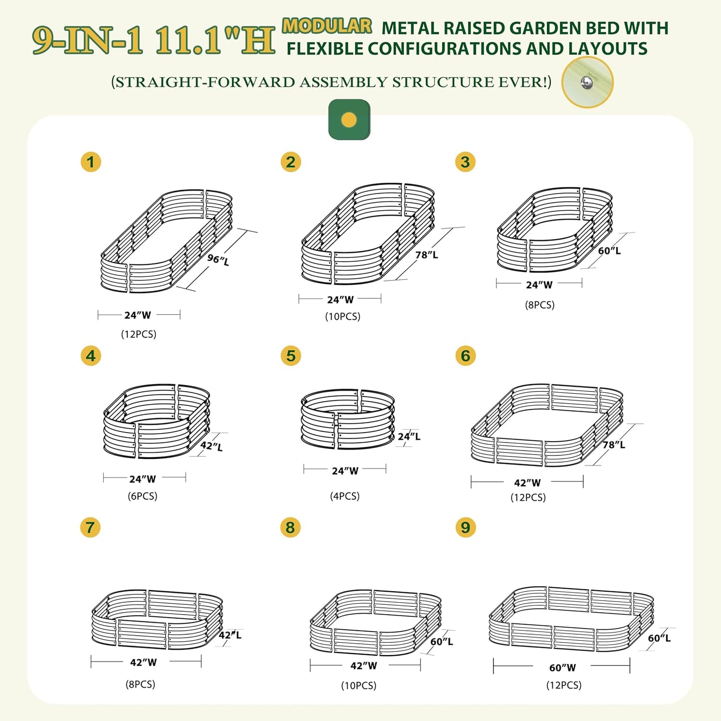 MUPATER 8x2x1 ft Raised Garden Bed Outdoor for Vegetables, 9-in-1 Galvanized Metal Planter Box, 11.1'' H Modular Garden Bed Kit Oval for Herbs and Flowers, Pearl White