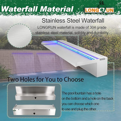 LONGRUN Pool Fountain Stainless Steel Outdoor Pond Spillway Waterfall with Wider Water Flow Platform Multi-Color LED Light Spray Indoor Waterfall Fountains for Garden-23.6" x 8" x 3.94"(W x D x H)