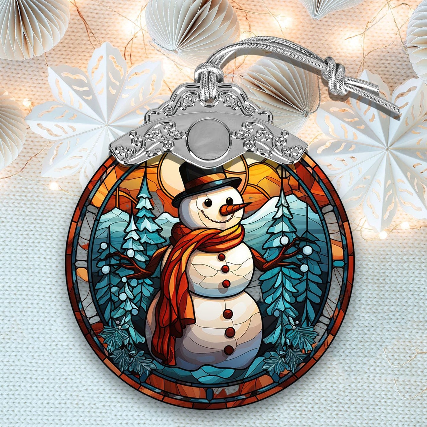 Pine Tree Forest Christmas Snowman Stained Glass Ornament, Holiday Decor for Xmas