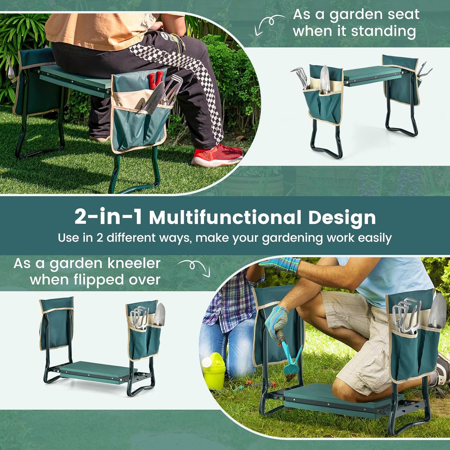 Nightcore Garden Kneeler and Seat, Foldable Kneeling Bench with EVA Foam Pad, Portable Garden Stool with 2 Large Tool Bags & Heavy-Duty Metal Frame, Suitable for Gardening, Fishing, Camping