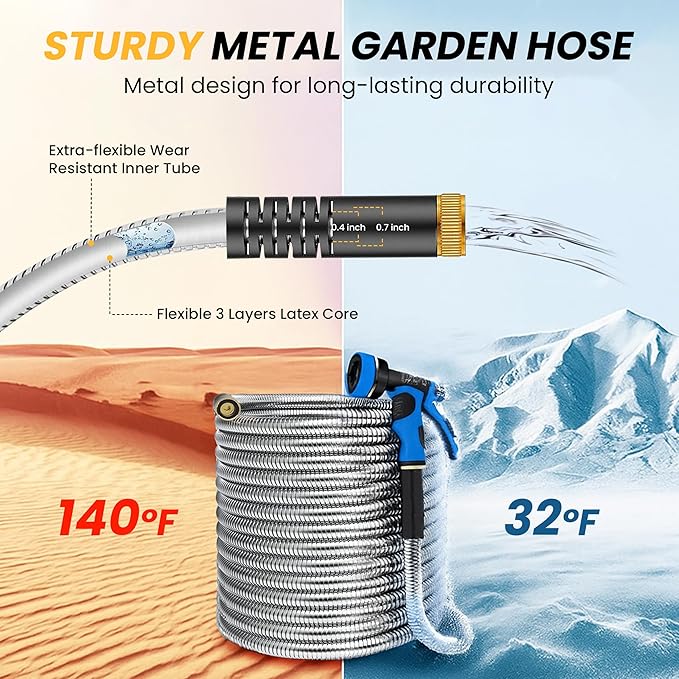 Lefree Garden Hose 75ft, Metal Garden Hose, Stainless Steel Hose with 10-Function Nozzle, Flexible Water Hose, Heavy Duty, Crush Resistant, Leak Proof, No Kinks Garden Hoses for Yard, Outdoors, Rv