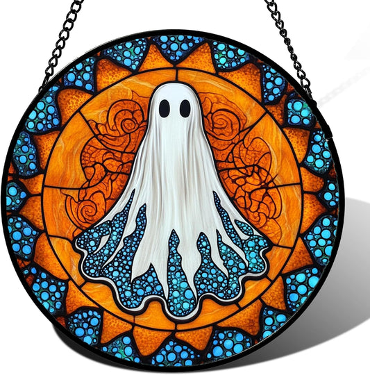 Stained Glass Window Hanging - Halloween Decorations White Ghost Suncatcher for Doors Garden Indoor Spooky Funny Blue Sun Catchers Gothic Decor Horror Gifts for Women Men Friend 9.8 in