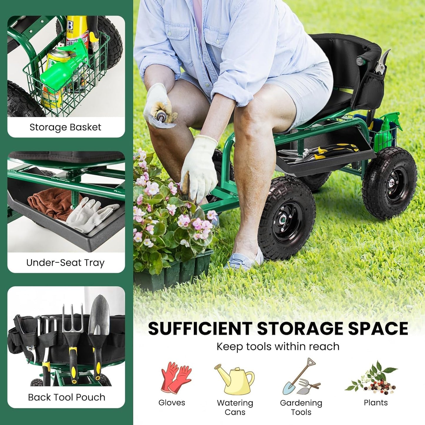 ERGOMASTER Rolling Garden Seat with Wheels, Adjustable 360° Swivel Workseat and Storage Basket, Extendable Handle, Outdoor Gardening Wagon Scooter, Green