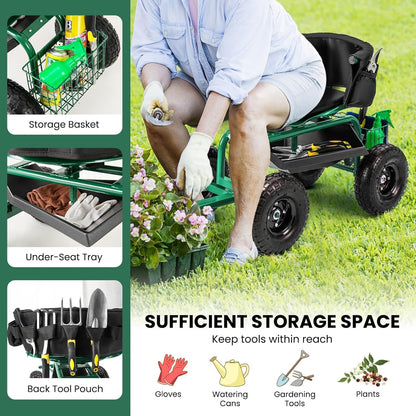 ERGOMASTER Rolling Garden Seat with Wheels, Adjustable 360° Swivel Workseat and Storage Basket, Extendable Handle, Outdoor Gardening Wagon Scooter, Green