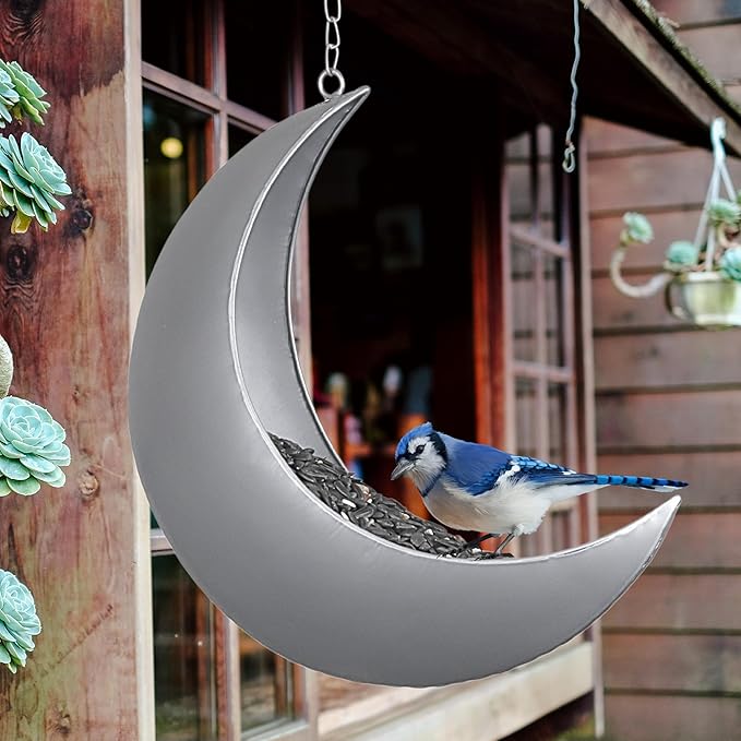 Hanging Moon Bird Feeder – Unique Metal Bird Feeders for Outdoors, Silver Rust-Resistant, Drain Holes – Wild Bird Feeder for Bluebirds, Cardinals, Finches, and Backyard Birdwatching