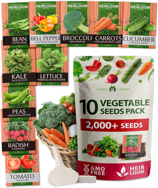 HOME GROWN Premium USA-Grown Vegetable Seeds - 10 Variety Pack with 5,800+ Non-GMO Heirloom Seeds for Planting - Garden Vegetable Seeds for Indoor & Outdoor Planting - Survival Seed Vault Kit