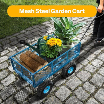 VIVOHOME Heavy Duty 880 Lbs Capacity Mesh Steel Garden Cart Folding Utility Wagon with Removable Sides and 4.10/3.50-4" Wheels 10 inch Tire (Blue)