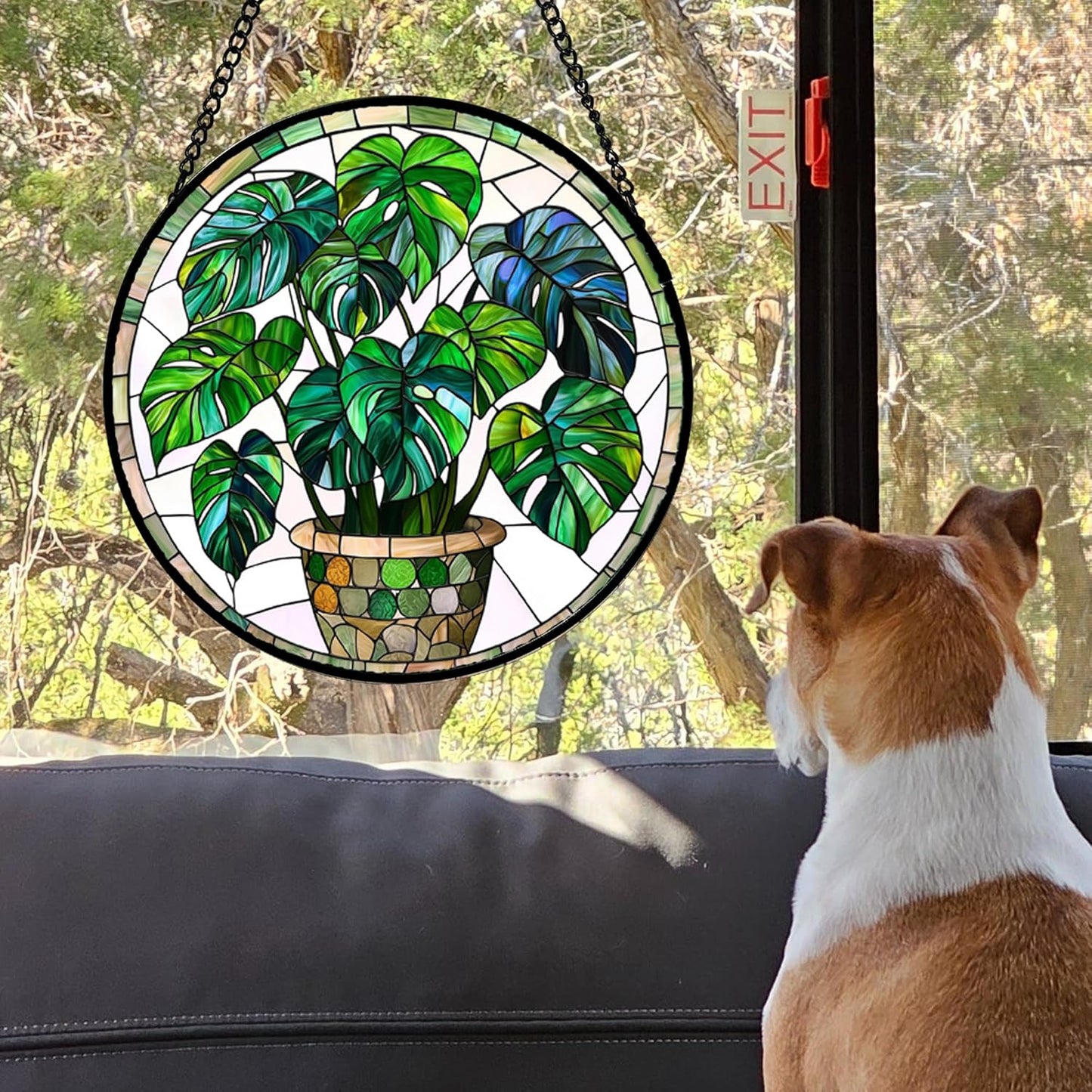 Stained Glass Window Hanging, Green Plant Monstera t Suncatcher Diamond Colorful Glass Panel Sun Catchers Decor for Birthday for Women, Men, Wife, Aunt, and Mom 14.9x14.9 in
