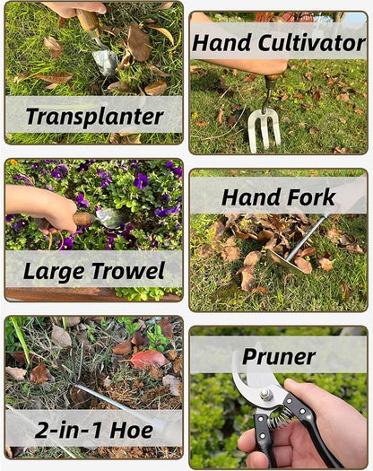Garden Tool Set, 6PCS Heavy Duty Stainless Steel Gardening Hand Tools with Ropes, Including Trowel, Transplanter, 2-in-1 Hoe, Hand Fork, Hand Rake and Pruner, Ideal Gardening Gift for Man and Woman