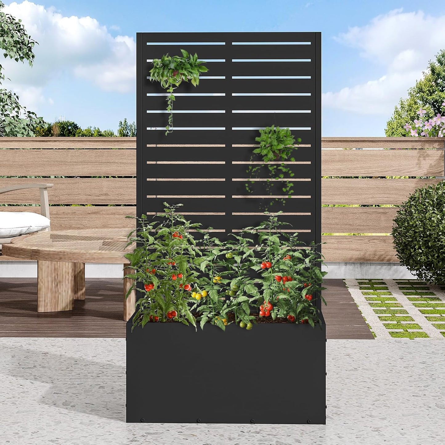 Casaphoria Metal Raised Garden Bed, 47"x24"x12" Planter Box for Climbing Plants, Vegetables & Vines, Features Drainage Holes and Privacy Screen (Black-Louvered)