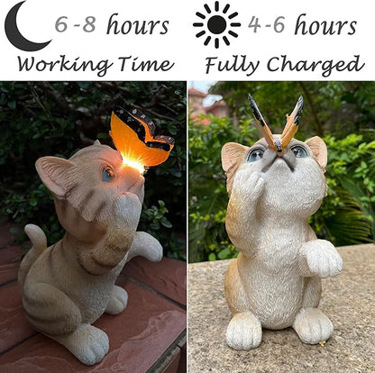 Garden Decor Solar Cat Figurines Cat Lover Gifts with LED Butterfly Lights for Indoor Outdoor Decor for Yard Garden Patio Decor Gifts for Women Grandma Mother's Day Birthday
