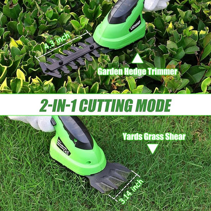 Lichamp 2-in-1 Electric Hand Held Grass Shear Hedge Trimmer Shrubbery Clipper Cordless Battery Powered Rechargeable for Garden and Lawn, CGS-3601 Grass Green