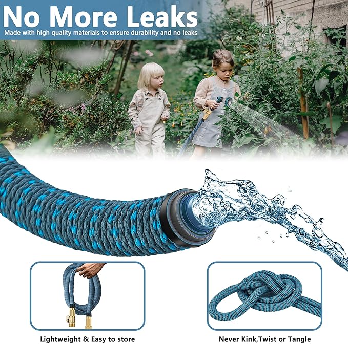 100 ft Expandable Garden Hose -2025 New Upgraded Durable Latex Core,3/4 Brass Connector and 10 Functions Spray Nozzle, Extra Strength Fabric, Leak-proof, Lightweight, Kink-free Expanding Water Hoses