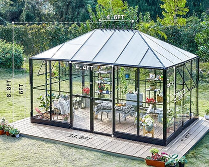 AMERLIFE 14x9.5x9 FT Hybrid Polycarbonate Greenhouse Quick Connector Fast Assembly, Swing 2 Doors Clear Panels, Walk-in Large Aluminum Greenhouse for Outdoors, Black