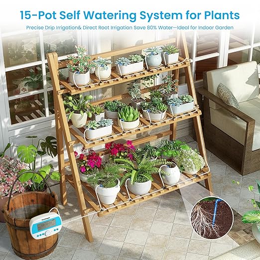 Sainlogic Automatic Plant Waterer for 15 Potted Plants, Smart Self Watering System with Humidity Monitor Display，Deep Root Irrigation, IP64 Programmable Timer for Vacation, Travel, Indoor Garden