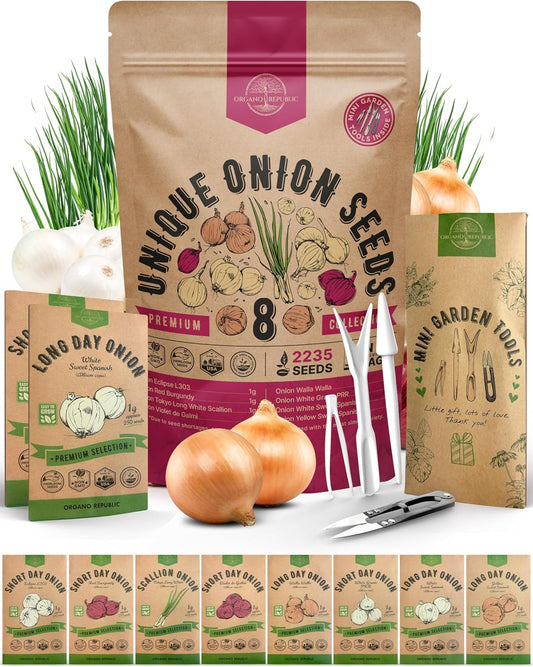 Organo Republic 8 Onion Seeds Variety Pack Heirloom, Non-GMO, Sets for Indoors, Outdoors Gardening. 2200+ Seeds: Walla Walla, Green Onion, Red Burgundy, White & Yellow Sweet Spanish Onions