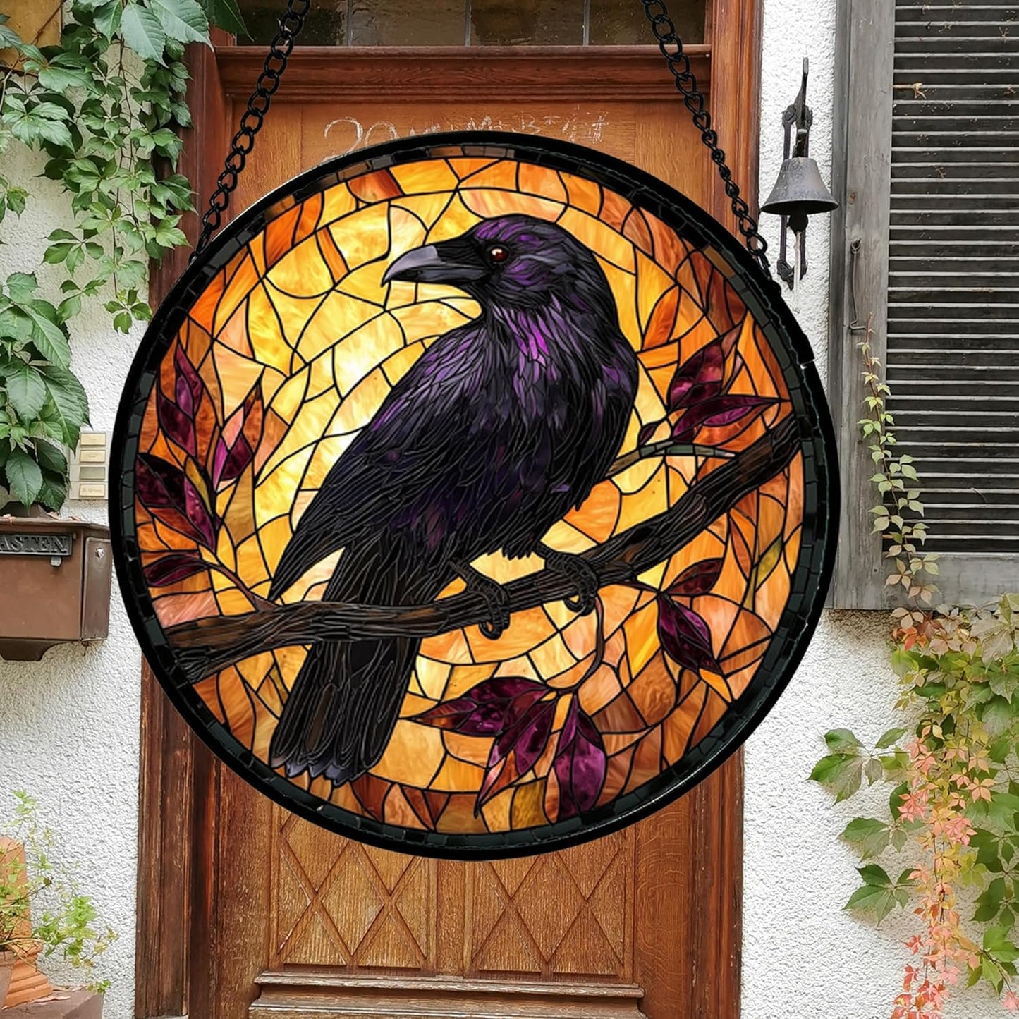 Stained Glass Window Hanging - Crow on a Branch Suncatcher Ready to Hang Window Doors Home Decoration and Christmas, Mother's Day Birthday Gifts for Women, Men, and Mom 14.9x14.9 in