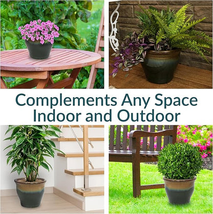 Sunnydaze Large Ceramic Plant Pot - Round Outdoor Glazed Ceramic Planter Pot with Drainage - Studio - Forest Lake Green - 14.5"