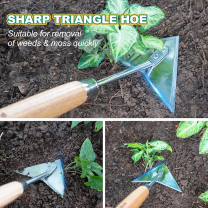 Berry&Bird Triangle Hand Hoe, 15.2'' Winged Weeder Garden Hoes with Short Wood Handle, Gardener Stainless Steel Warren Hoe, Garden Weeder Hoe Tool for Quickly Weeding, Edging and Gardening Tools
