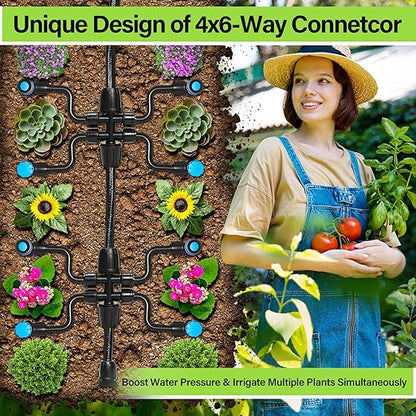 Bonviee 50FT 5/16" Drip Irrigation Tubing and 4 Packs 4-Way Quick Coupler, Push-to-Connect Fittings- DIY Garden Irrigation System, Misting, or Blank Distribution Tubing for Any Gardening Project