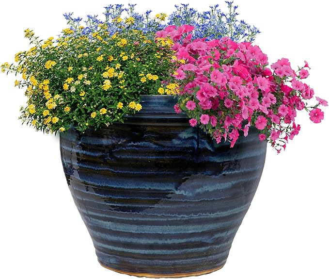 Sunnydaze Large Ceramic Plant Pot - Round Outdoor Glazed Ceramic Planter Pot with Drainage - Studio - Galaxy Blue - 18.5"