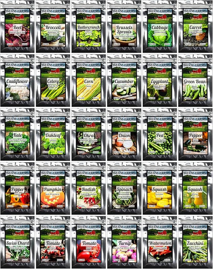 B&KM Farms 20,000+ Survival Seed Kit 5+ Year Supply. 30 Fruit & Vegetable Non-GMO Heirloom Seeds for Planting a Home Garden. Secure Emergency Weather-Proof Bucket