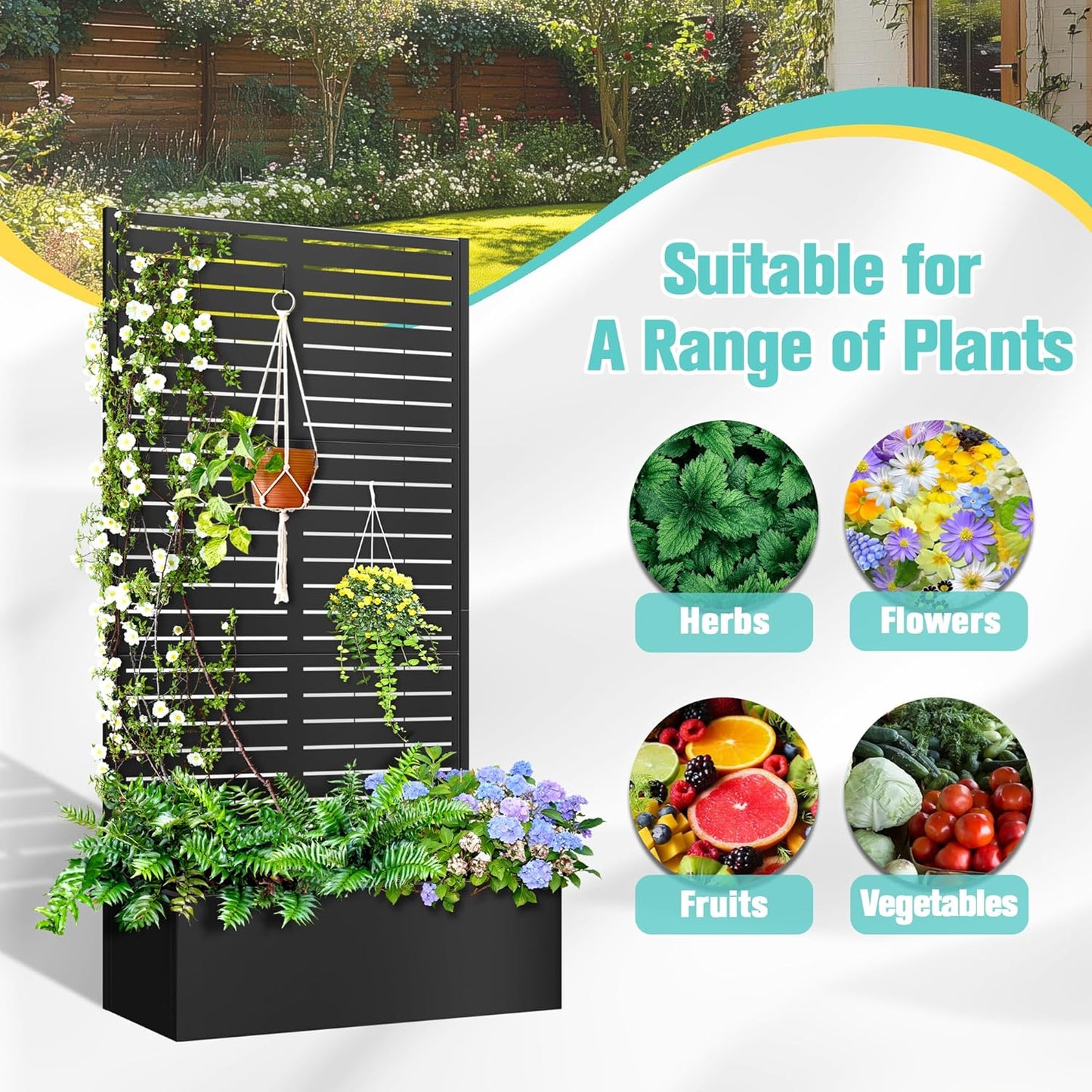 71"x35"x16" Metal Planter Box with Trellis Raised Garden Bed with Trellis, Trellis with Planter Box & Privacy Screen, Metal Planter Box for Climbing Plants, Vegetable, Vines(Black, Louvered)