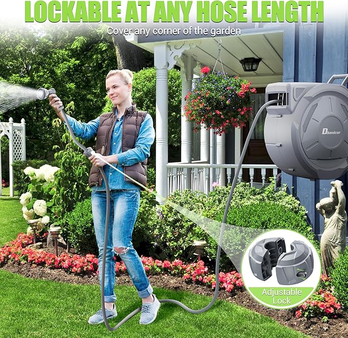 1/2" x 150 ft Retractable Hose Reel, Heavy Duty Retractable Garden Hose Reel Wall Mounted with 10-Pattern Hose Nozzle/Any Length Lock/Slow Return System/180°Swivel Bracket