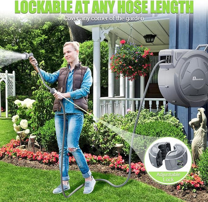 1/2" x 150 ft Retractable Hose Reel, Heavy Duty Retractable Garden Hose Reel Wall Mounted with 10-Pattern Hose Nozzle/Any Length Lock/Slow Return System/180°Swivel Bracket