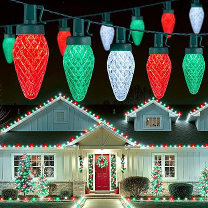Brightown C9 Christmas Lights Outdoor, 114FT 150 LED String Lights with Timer, 8 Modes, UL Listed Waterproof Christmas Tree Lights for House Roof Garden Patio Decor, Red Green and Pure White