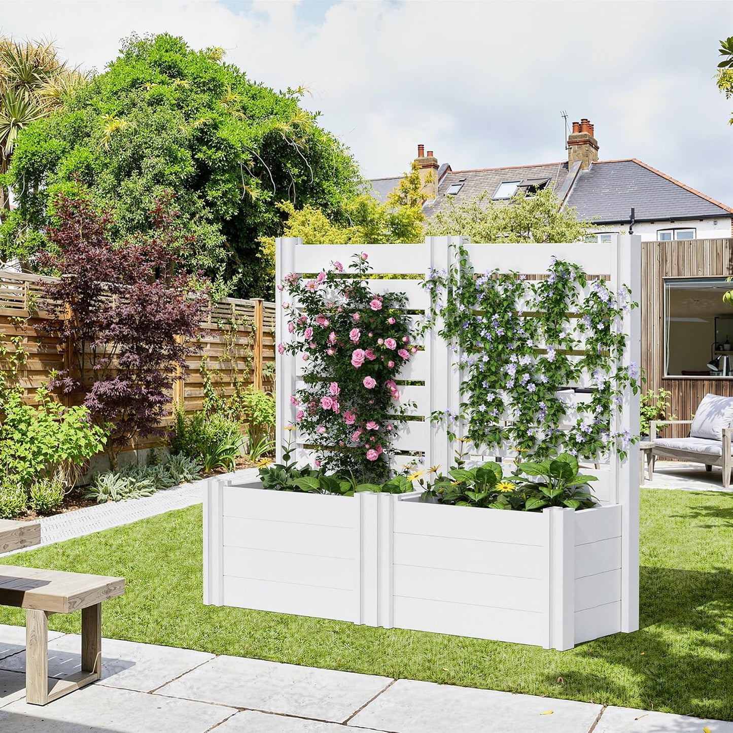 Casaphoria Raised Garden Bed with Trellis, 72"x47"x16" Planter Box with Open Bottom for Gardening Vegetables & Vines and Climbing Plants, White