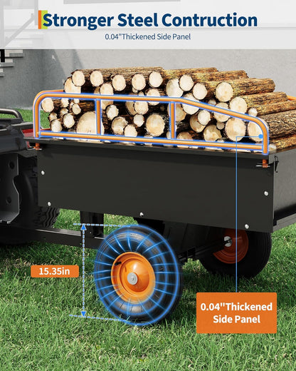 GarveeLife Heavy Duty ATV Trailer Steel Dump Cart, 750 LBS 15 Cubic Feet, Garden Utility with Removable Sides for Riding Lawn Mower Tractor