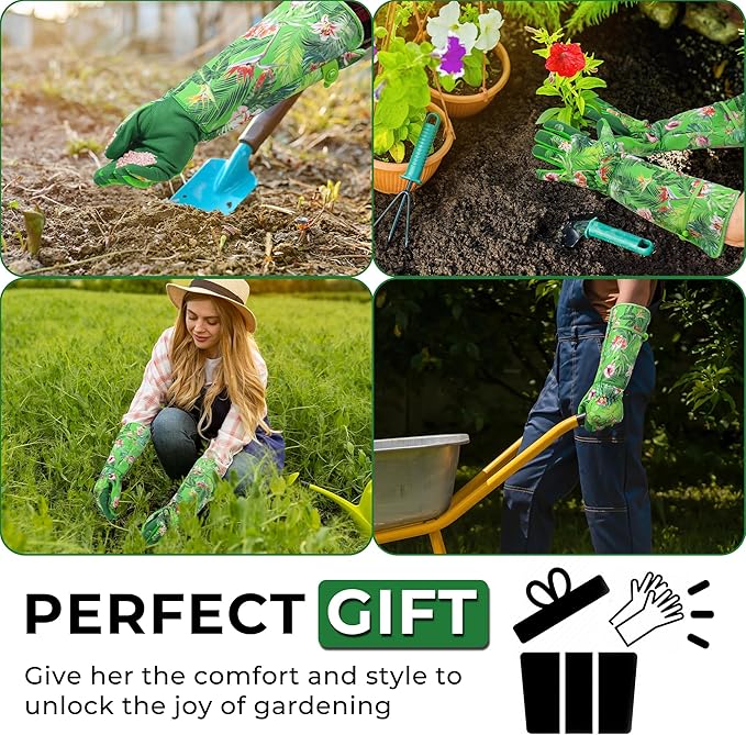HANDLANDY Women Gardening Gloves, Scratch Resistant Breathable Ladies Rose Pruning Long Gauntlet Floral Print Garden Yard Gloves, Gift for Gardeners (Green, S)