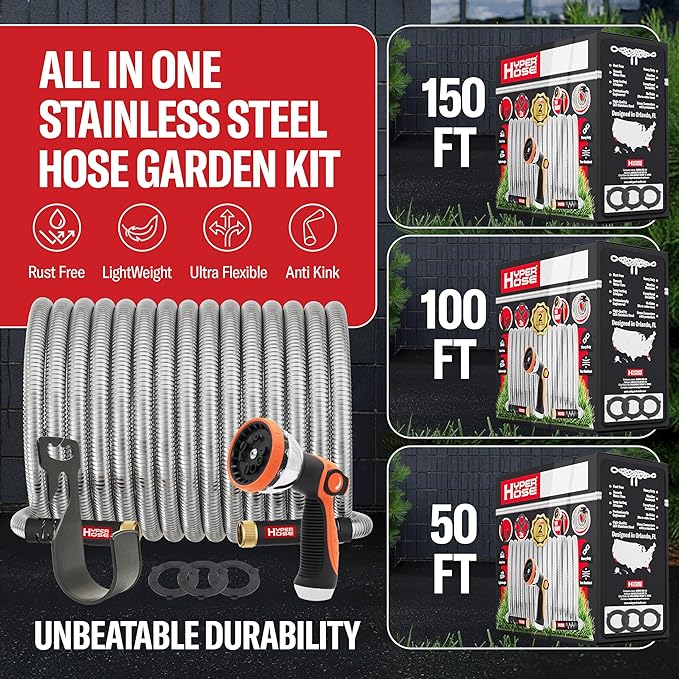 Best 150 ft Metal Garden Hose Set - No-Kink Durable 316 Stainless Steel, 10-Way Zync Spray Nozzle & Hook – Tough Flexible Heavy Duty Water Hoses, Naval Brass, Rust, Weather, LeakProof