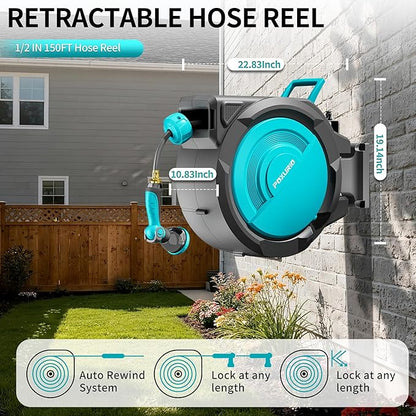 1/2" 150FT Retractable Garden Hose Reel, Wall Mounted Automatic Hose Reel with Upgraded 10 Pattern Nozzle/Any Length Lock/Slow Return System/180°Swivel Bracket, AquaBlue