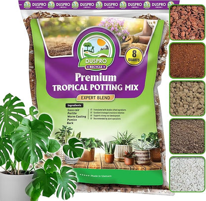 DUSPRO Recycle Tropical Potting Mix Pre-Mixed 5in1 with Pine Bark, Coco Coir, Perlite, Worm Casting & Pumice Ideal Aroid Mix Soil for Monstera, Pothos, Philodendron, Other Indoor HousePlants 8QRT