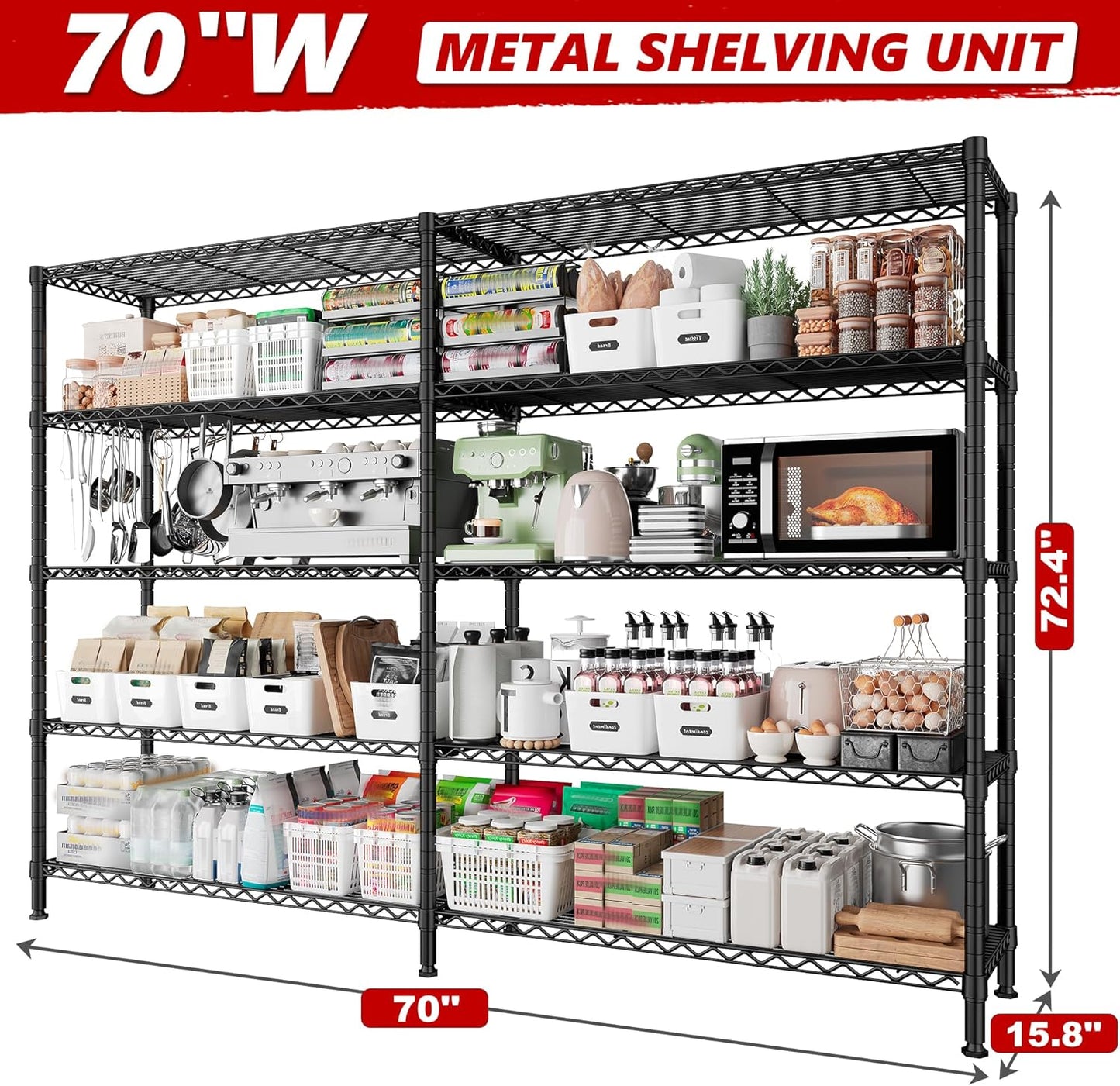 REIBII 70" W Storage Shelves Load 1600LBS,Metal Shelving 5-Tier Wire Shelving Unit Garage Shelving for Storage Adjustable Metal Shelves for Pantry Kitchen Garage Commercial, 70" W*15.8" D*72.4" H
