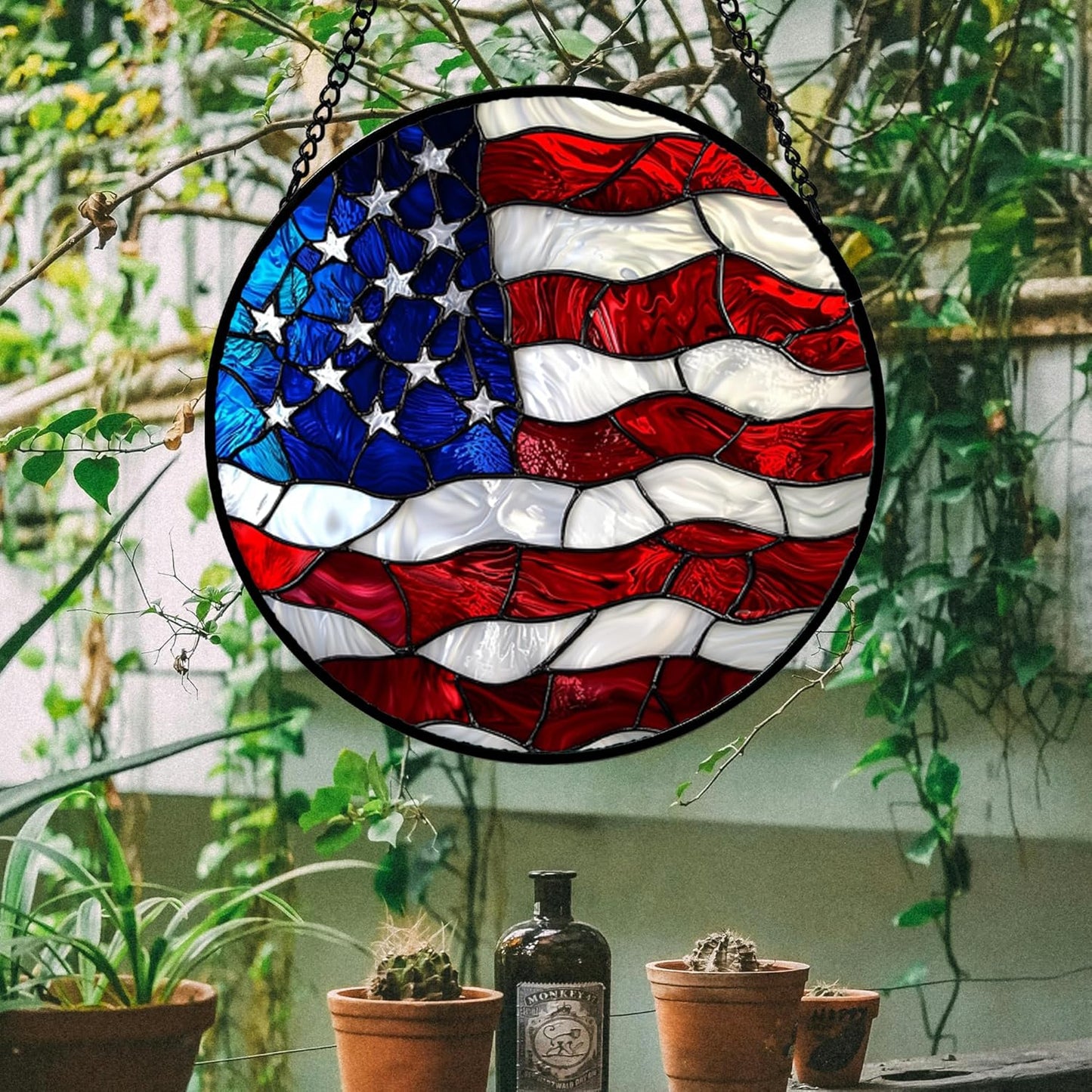 Stained Glass Window Hanging, Blue, White Red National Flag Pattern Sun Catchers Diamond Glass Panel Window Hangings Decor for Birthday Gifts for Women, Men, and Mom 14.9x14.9IN