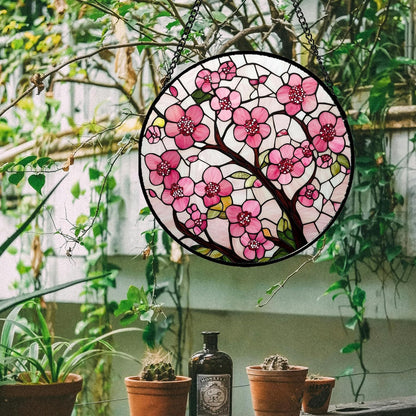 Stained Glass Window Hanging - Cherry Blossoms Birth Flower Suncatcher for Door Garden Patio Sun Catchers Decor Christmas Mother's Day Birthday Gifts for Women Mom Nana Friend Wife 11.8 in