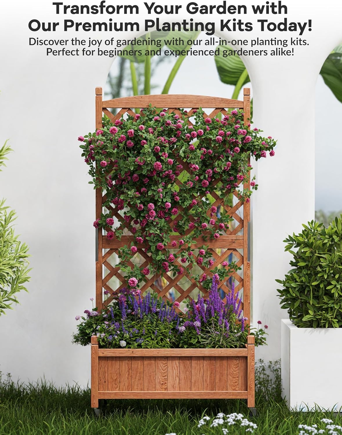 29.5" x 13"x 61.5" Wood Planter Box with Trellis for Plant & Flower, Raised Garden Bed with Wheels, Standing Vertical Horticulture Trellis Planter with Drainage Holes for Patio Garden, 1PC