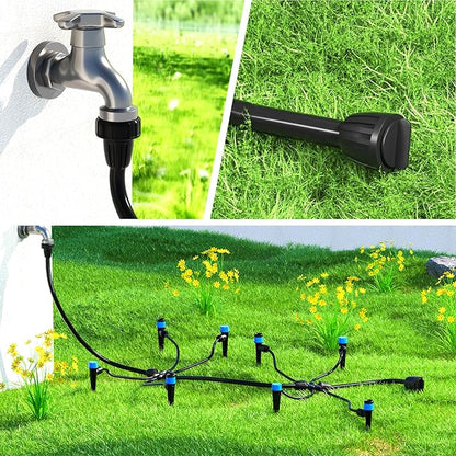 Bonviee Drip Irrigation Parts for 5/16" Main Line - (6-Pack) - 3 x PVC Female Hose Thread Non-Swivel Adapter and 3 x Barbed Threaded End Plugs - Drip Irrigation Fittings