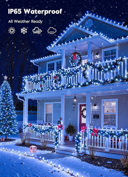 Brightown C9 Christmas Lights Outdoor, 114FT 150 LED Blue and Pure White String Lights with Timer, 8 Modes, UL Listed Waterproof Connectable Christmas Tree Lights for House, Roof, Garden, Patio Decor
